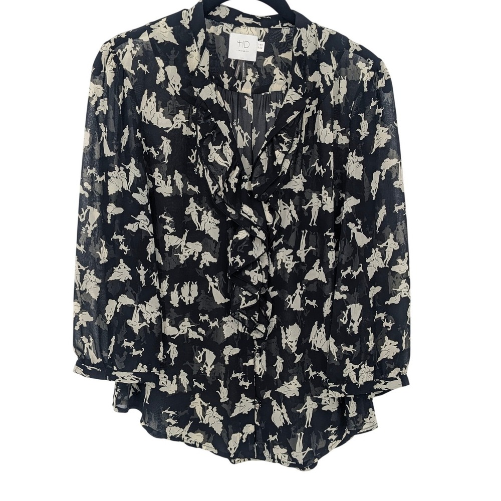 HD in Paris Blouse Womens 8 Black Cream Silhouettes Sheer Long Sleeve Ruffle Top